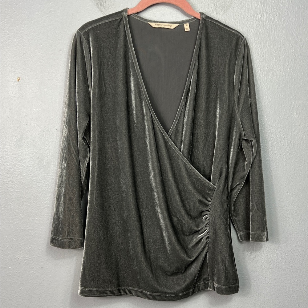 Soft Surroundings Faux Wrap Velvet Gray Long Sleeve Top Medium